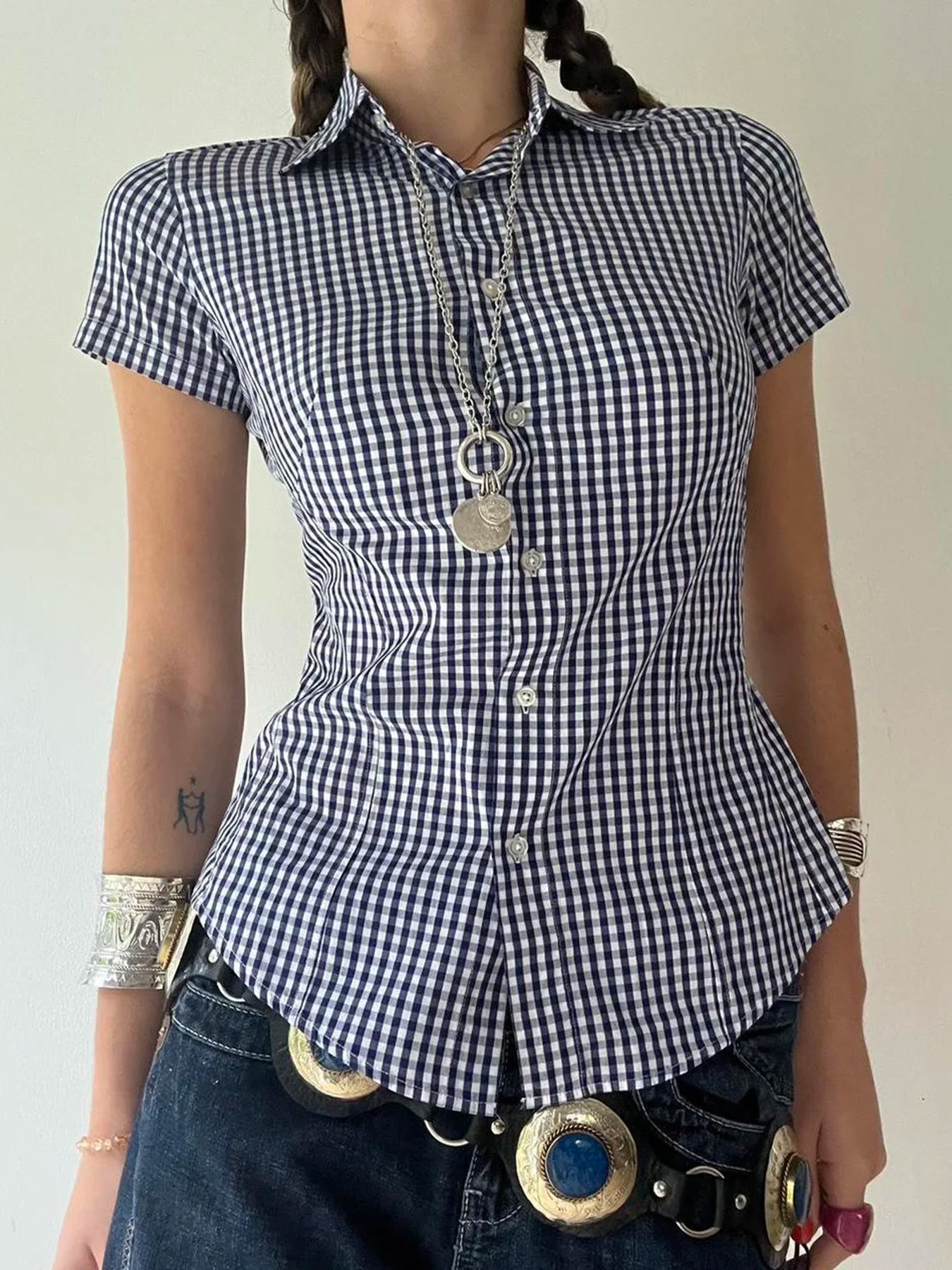 Plaid Slim Buttoned Up Blouse