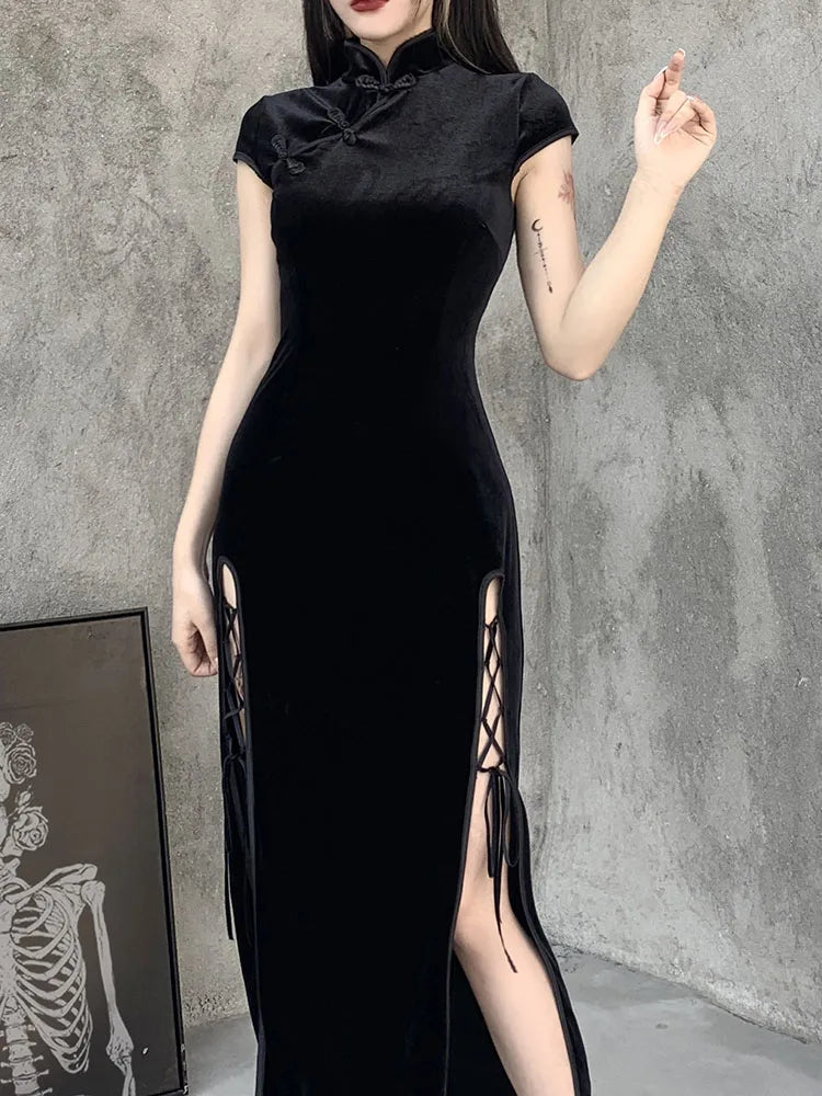 Velvet High Neck Frog Button Cap Sleeve Lace Up High Split Bodycon Maxi Dress
