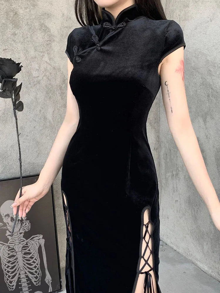 Velvet High Neck Frog Button Cap Sleeve Lace Up High Split Bodycon Maxi Dress - View 6