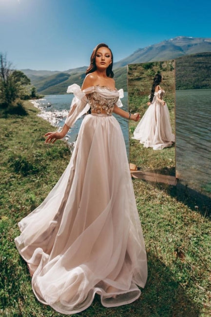 Romantic A-Line Off The Shoulder Princess Tulle Garden Prom Dress - Fashionpara