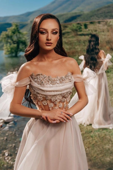 Romantic A-Line Off The Shoulder Princess Tulle Garden Prom Dress - Fashionpara