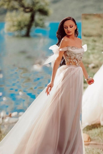 Romantic A-Line Off The Shoulder Princess Tulle Garden Prom Dress - Fashionpara