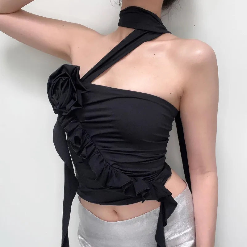 Rose Bandage Off Shoulder Halter Backless Bare Midriff Tube Crop Top