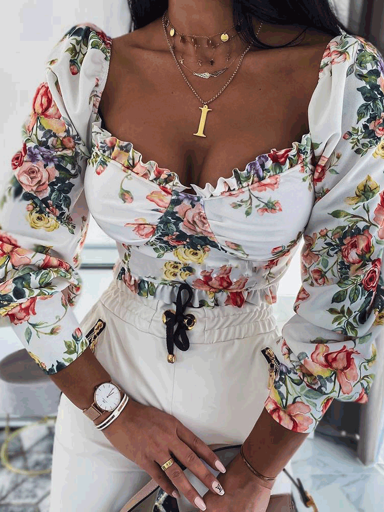 Rose Square Neck Long Sleeve Blouse - Fashionpara