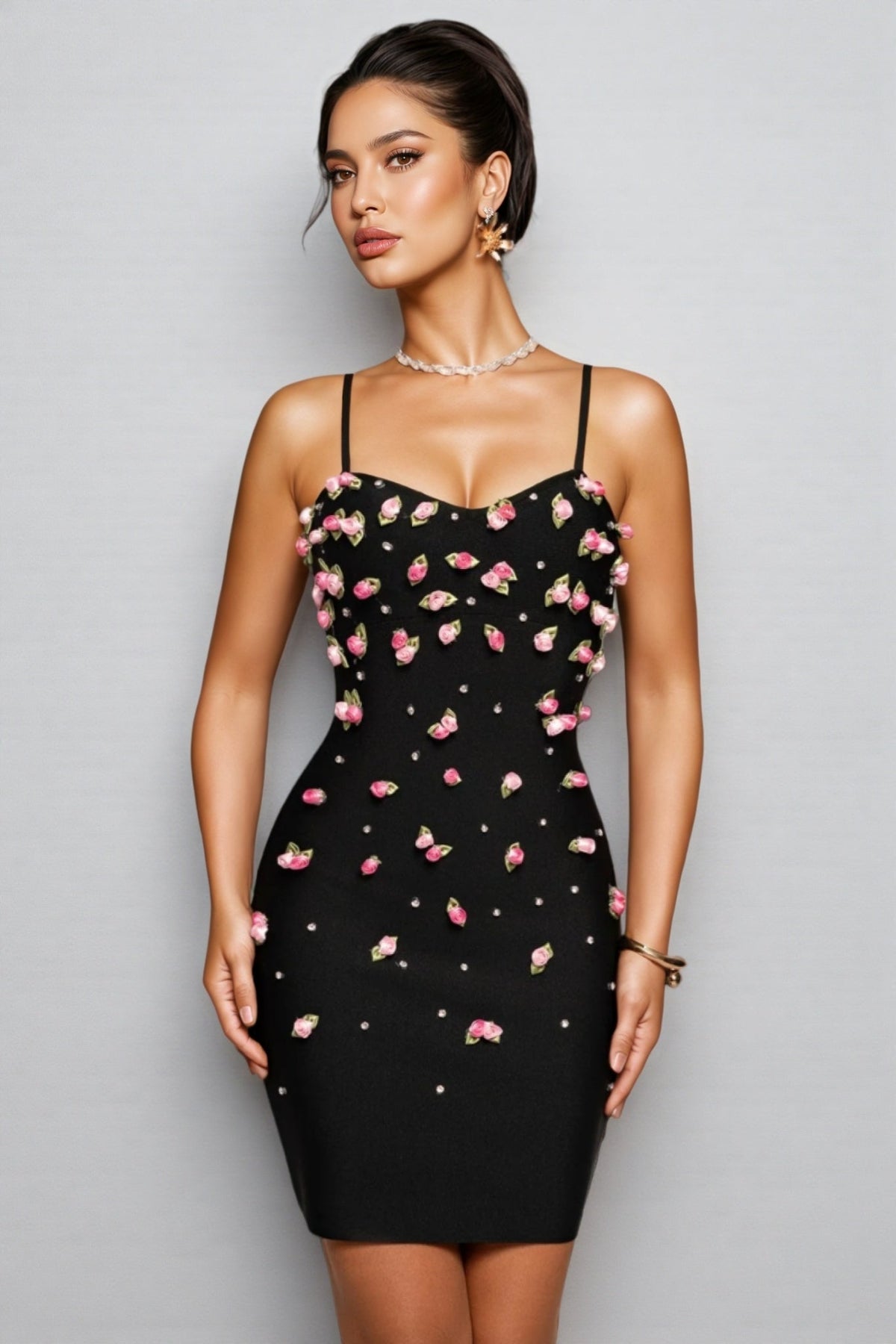 Sweetheart Spaghetti Strap 3D Rosebud Rhinestone Bandage Mini Dress
