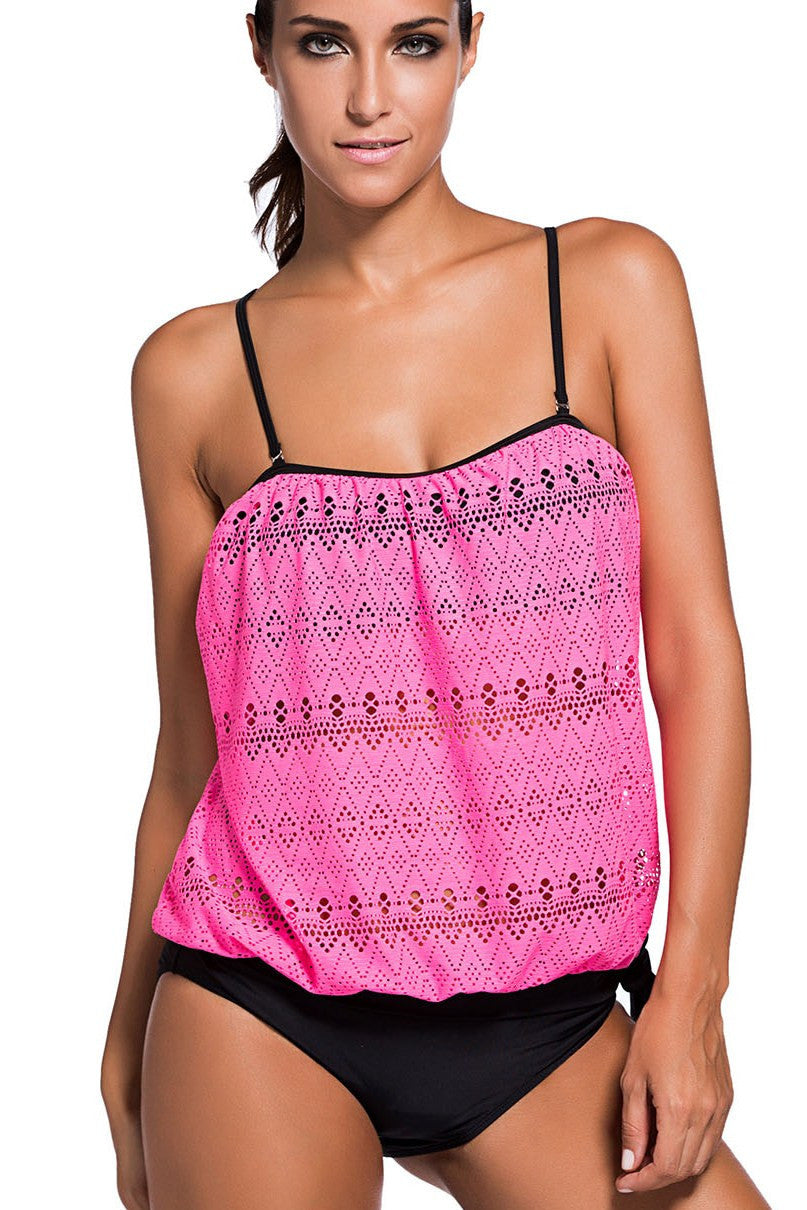 Rosy Lace Overly Spaghetti Strap Bandeau 2pcs Tankini Swimsuit