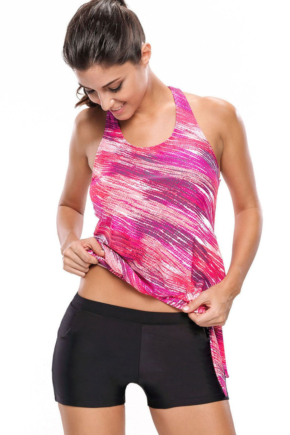 Rosy Print Blouson Tankini Swimsuit with Black Board Shorts