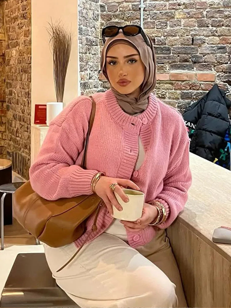 Solid Color Round Neck Cardigan