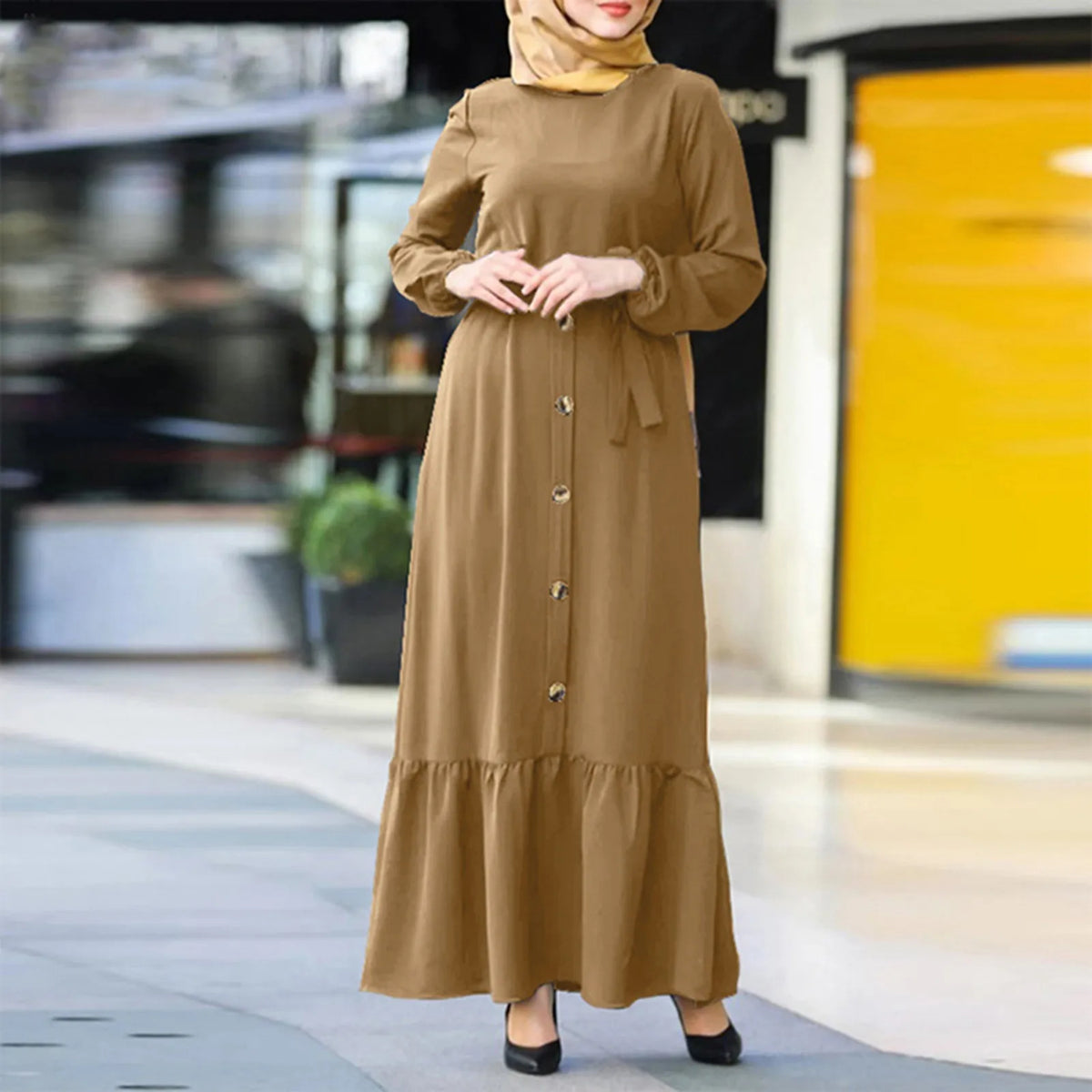 Round Neck Muslim Robe Jilbab Abaya Hijab Islamic Clothing Solid Long Sleeve Ramadan Maxi Caftan Marocain Dress 8