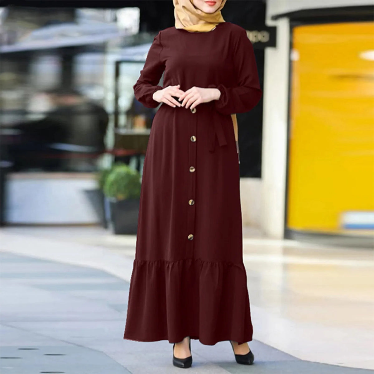 Round Neck Muslim Robe Jilbab Abaya Hijab Islamic Clothing Solid Long Sleeve Ramadan Maxi Caftan Marocain Dress 2