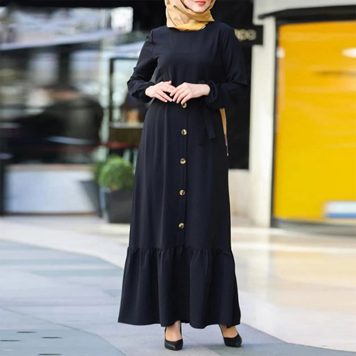 Round Neck Muslim Robe Jilbab Abaya Hijab Islamic Clothing Solid Long Sleeve Ramadan Maxi Caftan Marocain Dress 3