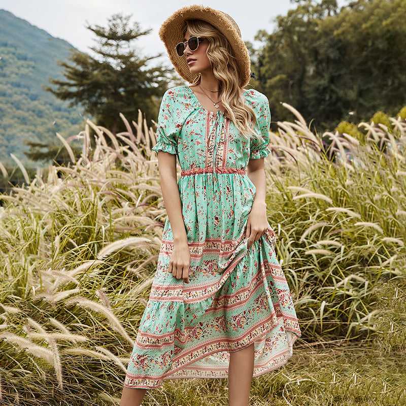 KittenAlarm - Round Neck Stitching Lace Long Skirt Printed Dress