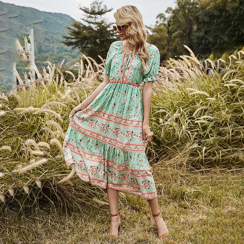 KittenAlarm - Round Neck Stitching Lace Long Skirt Printed Dress
