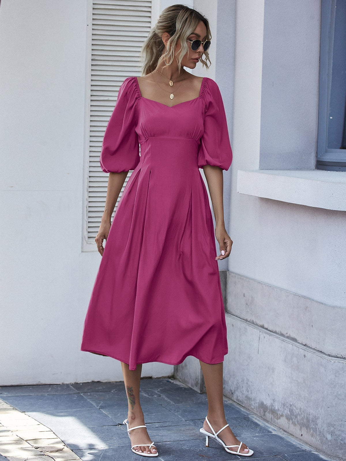 Sweetheart Puff Sleeve Fit & Flare Midi Dress