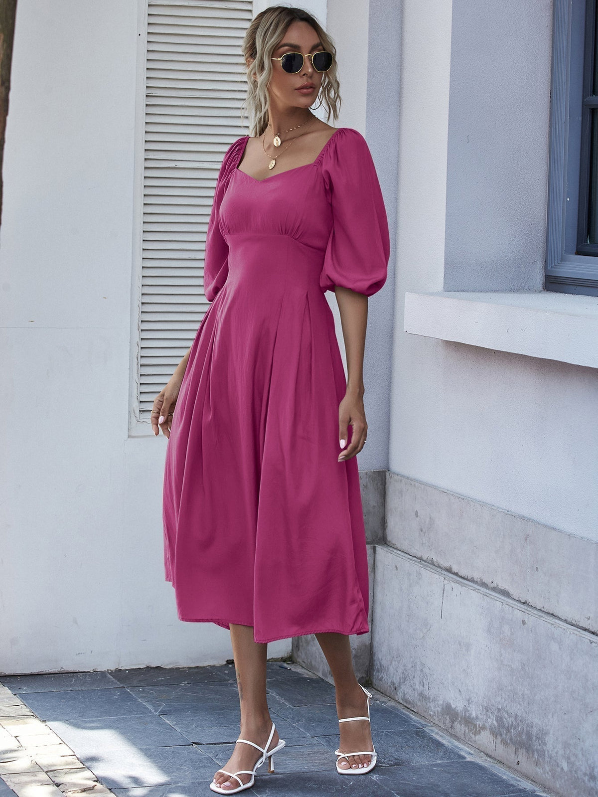 Sweetheart Puff Sleeve Fit & Flare Midi Dress