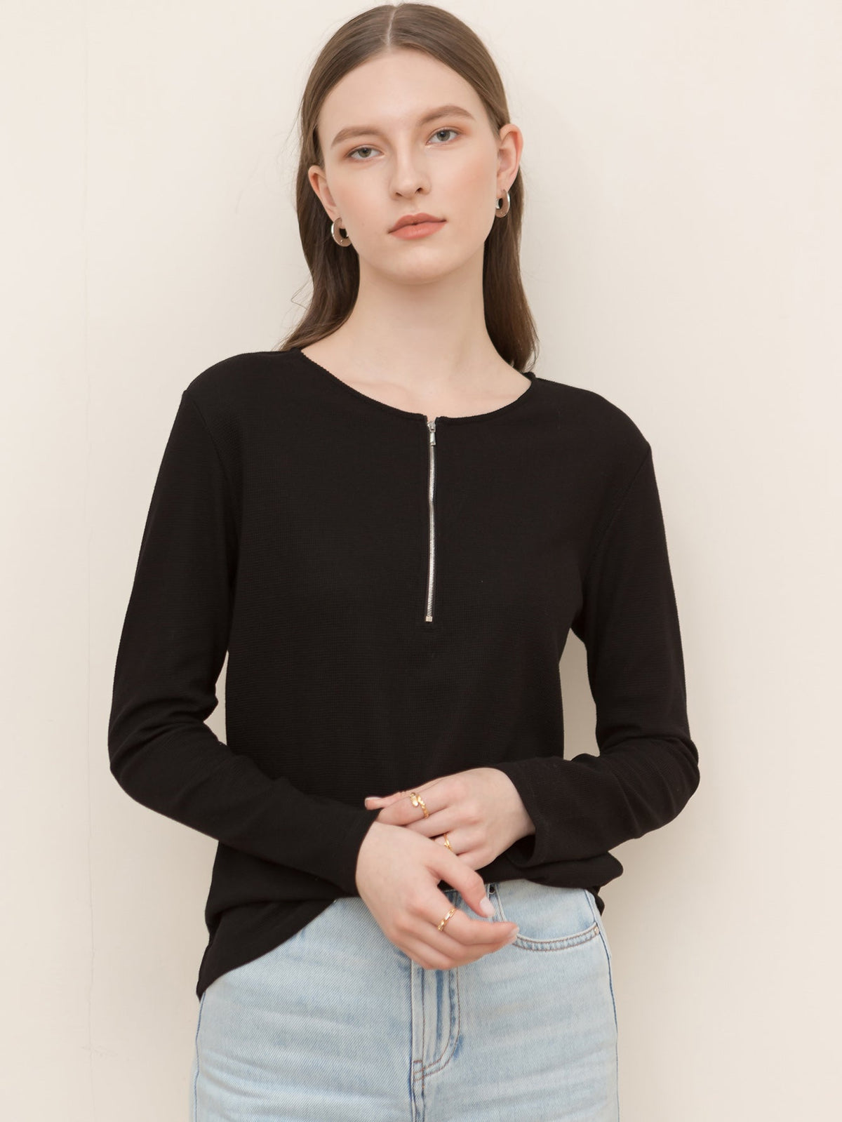 KittenAlarm - Round neck zipper solid color long-sleeved loose crop top