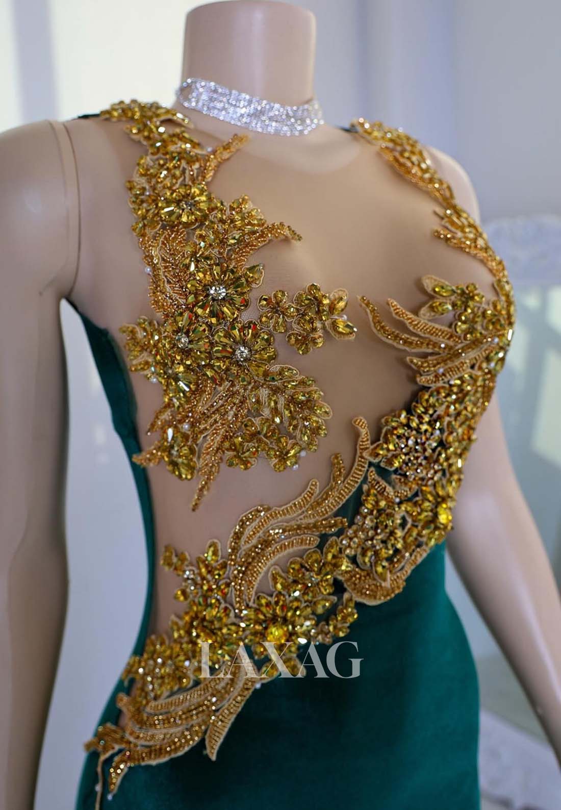 Scoop-Neck Off-Shoulder Sleeveless Beaded Rhinestone Mermaid Prom Dress for Black Girl Slay