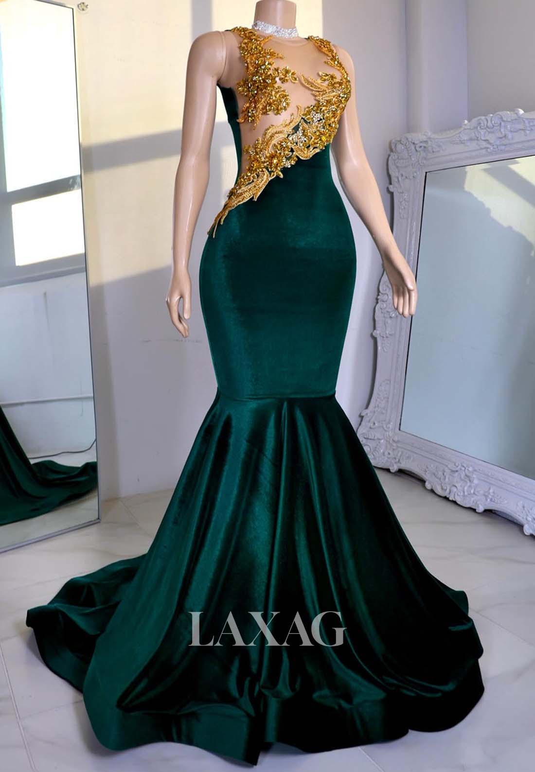 Scoop-Neck Off-Shoulder Sleeveless Beaded Rhinestone Mermaid Prom Dress for Black Girl Slay