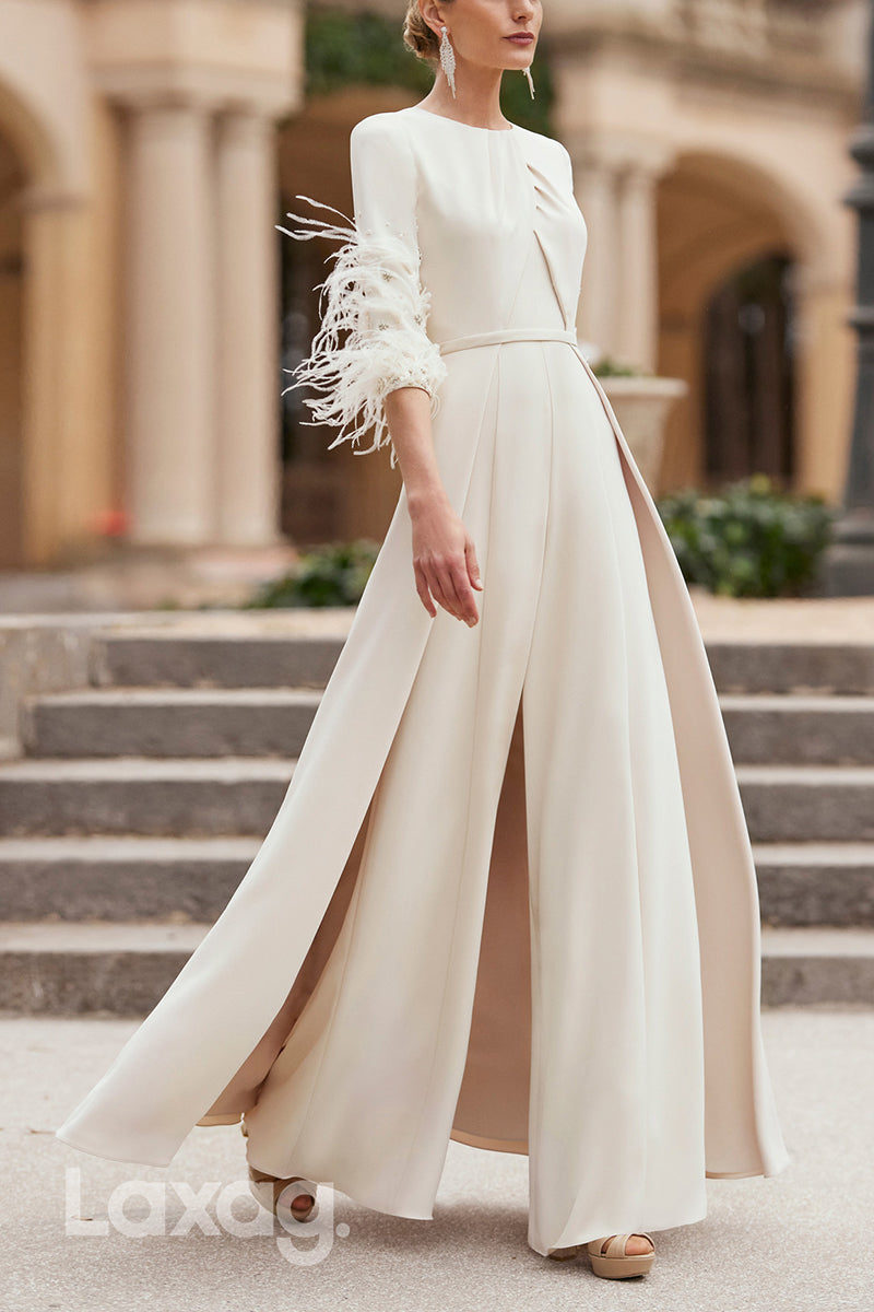 23003 - Round Half Sleeves PantSuit Feathers Beaded Mother Of the Bride Dress