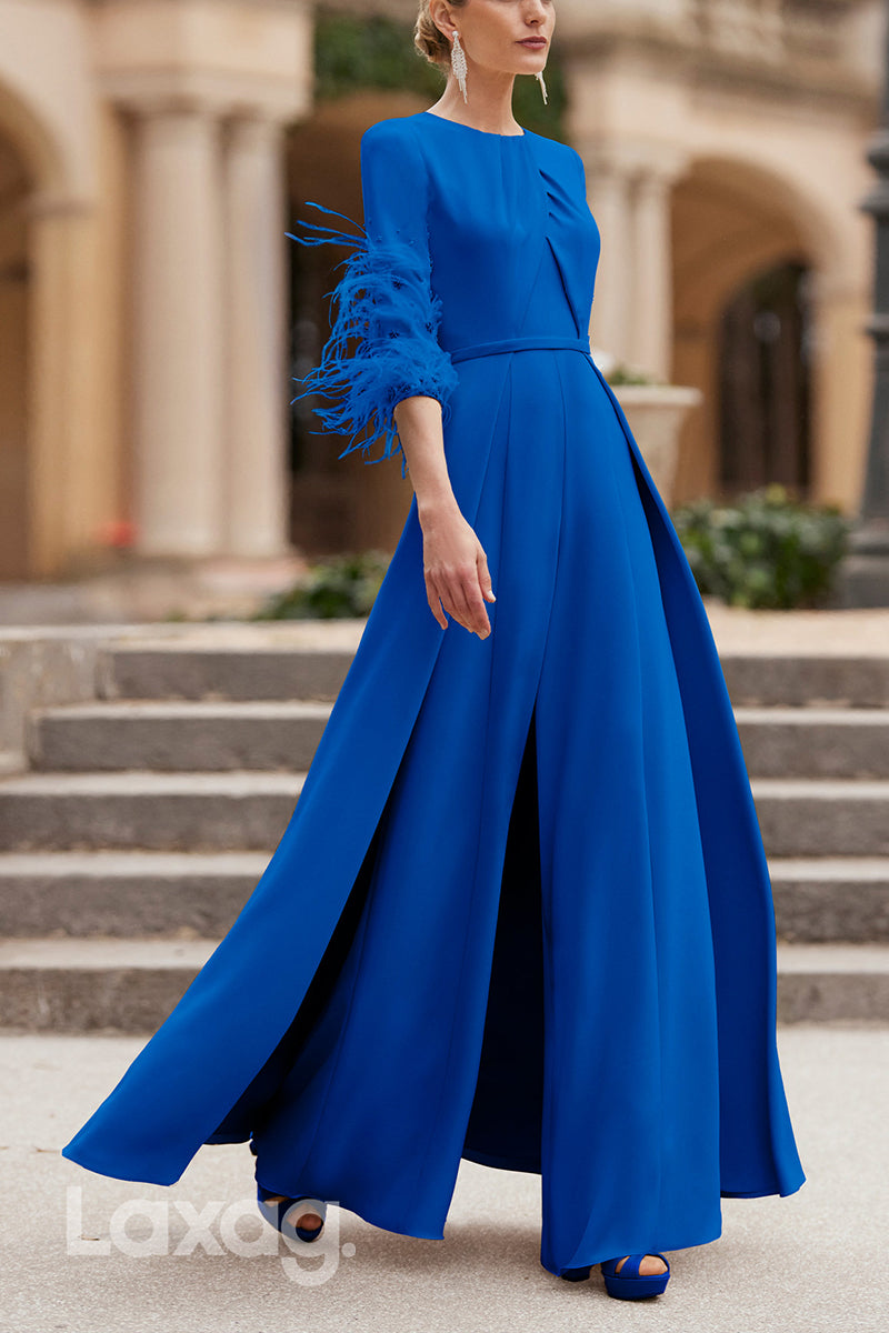 23003 - Round Half Sleeves PantSuit Feathers Beaded Mother Of the Bride Dress