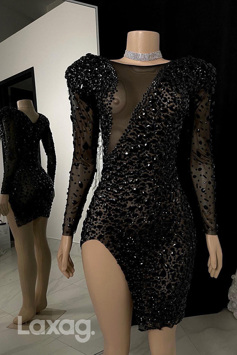 22559 - Round Long Sleeves Beaded illusion High Slit Prom Dresses for Black Girl Slay - Fashionpara
