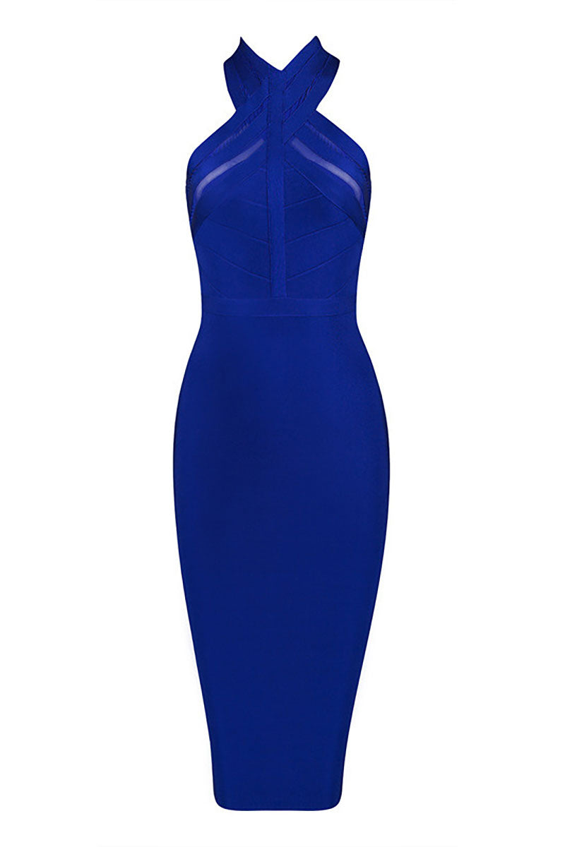 Crossover Halter Mesh Bandage Bodycon Midi Dress