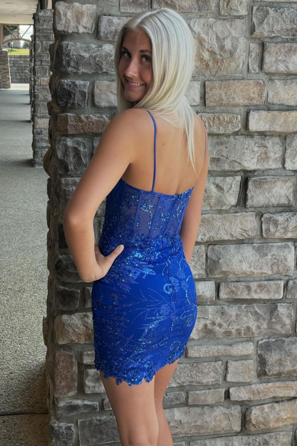 Royal Blue Bodycon Spaghetti Straps Short Homecoming Dress with Sequin - Fashionpara