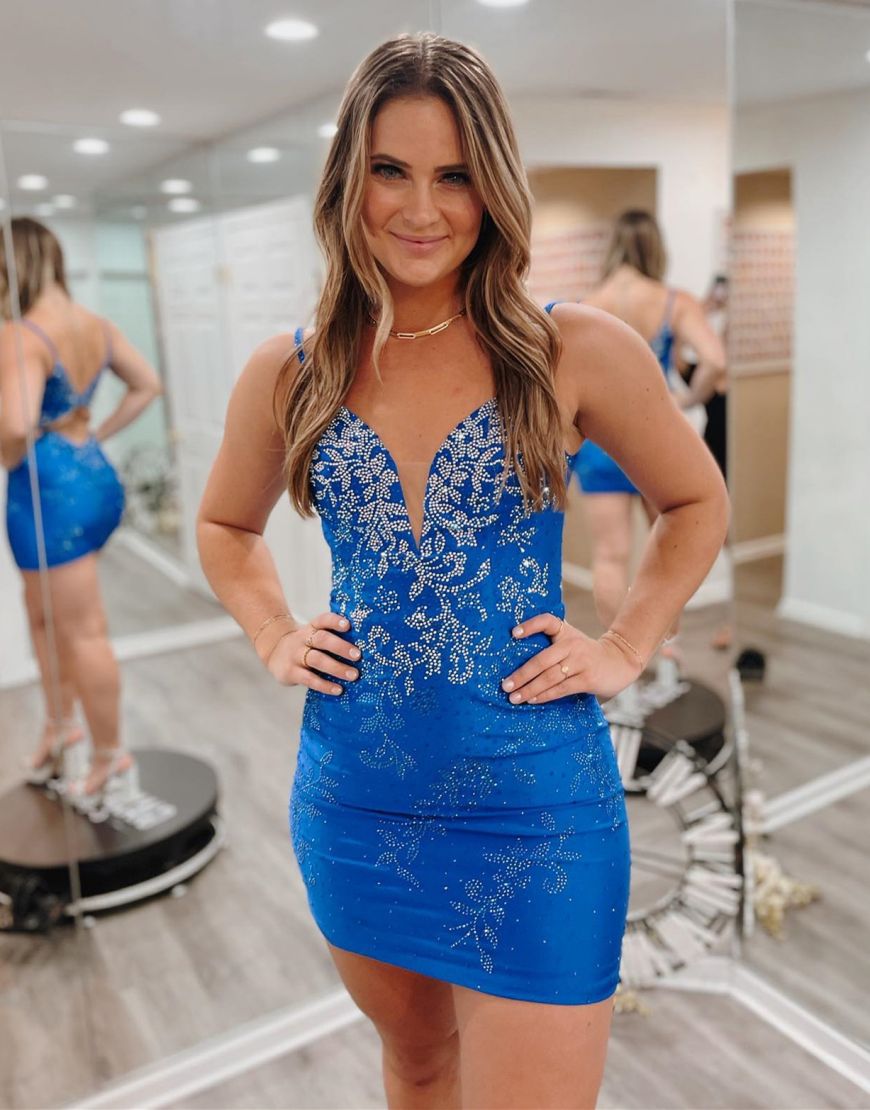 Royal Blue Keyhole Back Tight Party Dress With Beading
