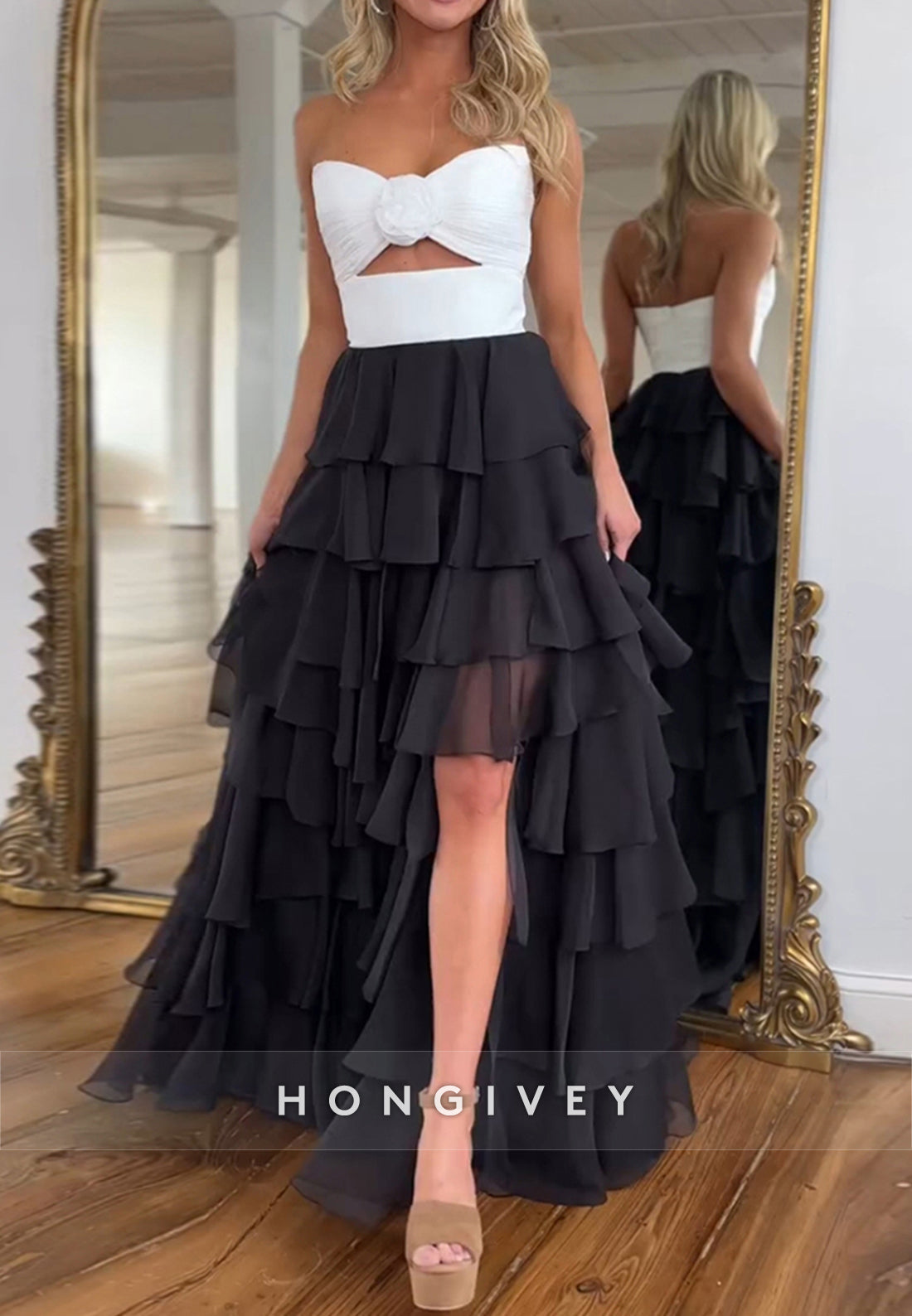 A-Line High Low  Floral Embossed Sweetheart Holiday Prom  Dresses