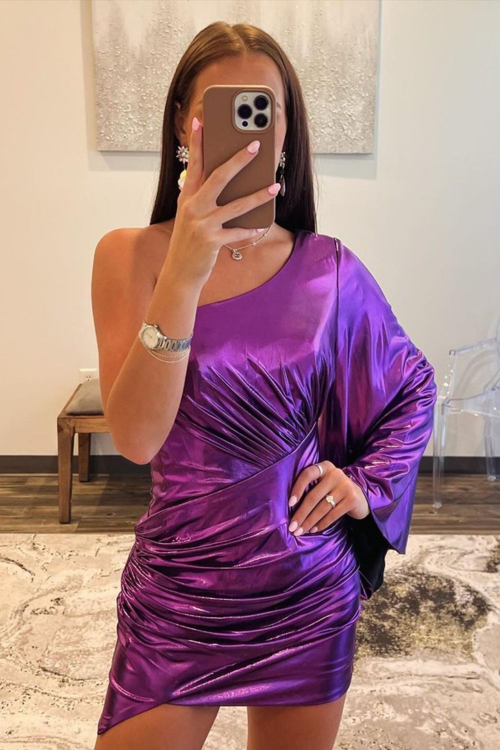 Royal Blue One Shoulder Long Sleeves Short Metallic Homecoming Dress