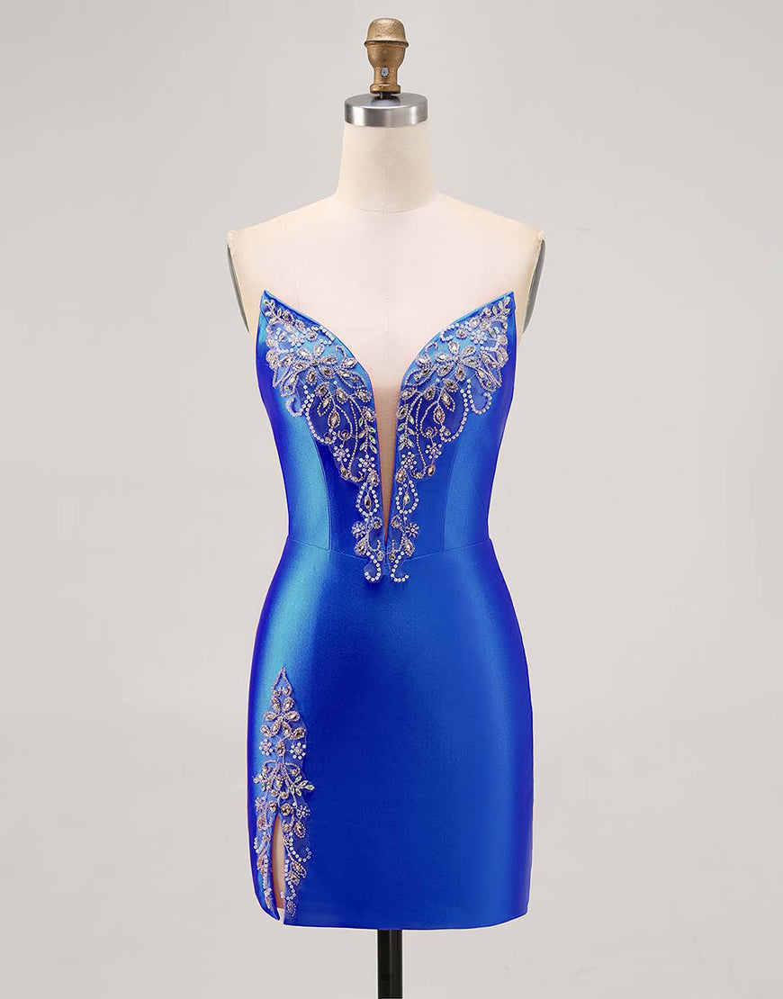 Sparkly Fuchsia Satin Tight Strapless Short Homecoming Dress with Rhinestones