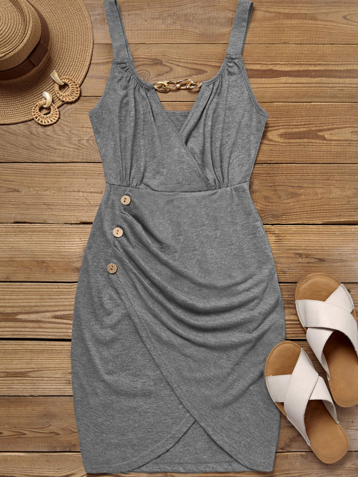 Ruched Surplice Neck Button Detail Tulip Hem Bodycon Mini Dress 5