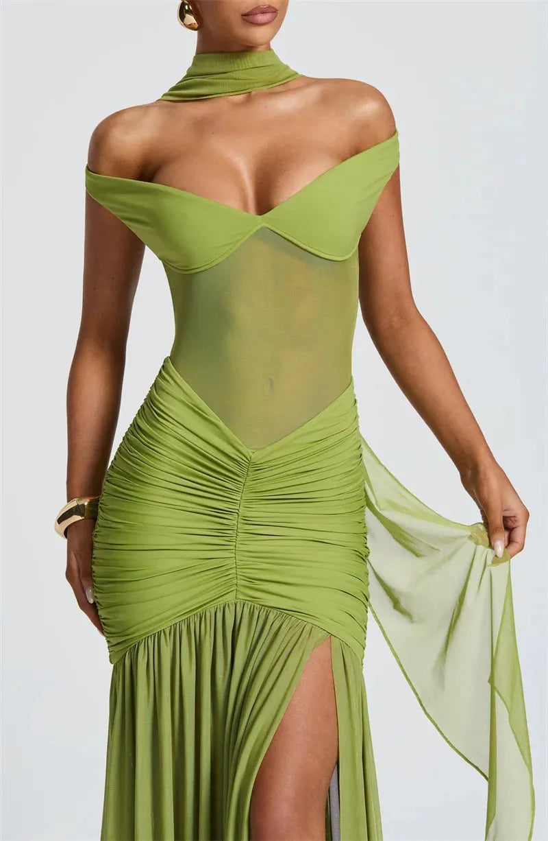 Ruched Mesh Maxi Dress