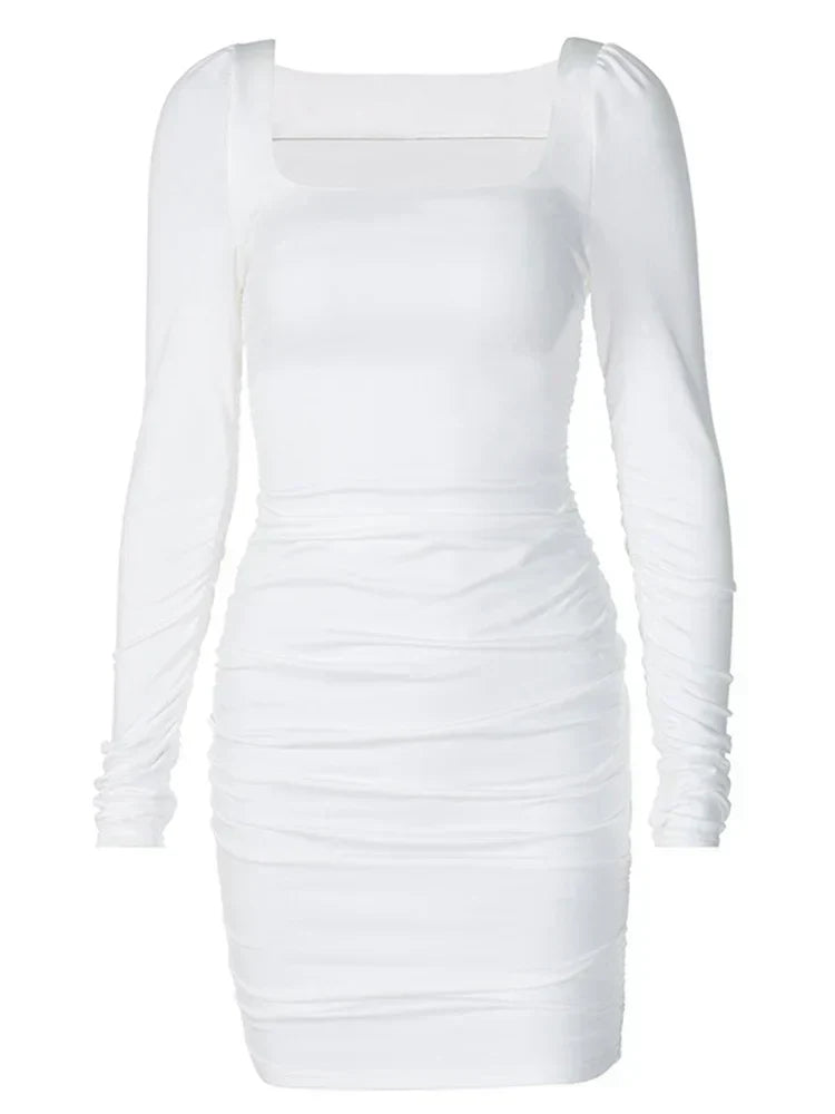 Ruched Square Neck Long Sleeve Bodycon Mini Dress