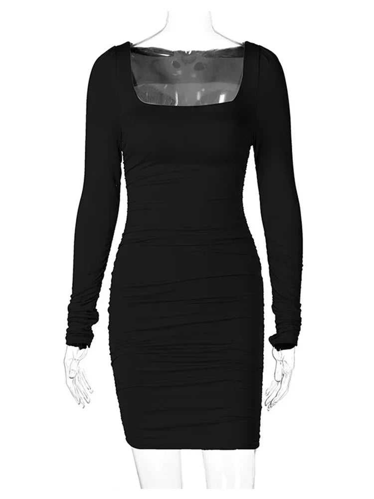 Ruched Square Neck Long Sleeve Bodycon Mini Dress