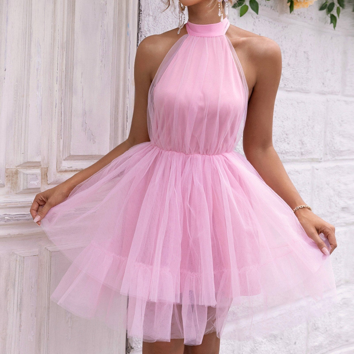 Halter Neck Backless Tiered Tulle Fit-and-Flare Mini Dress 2