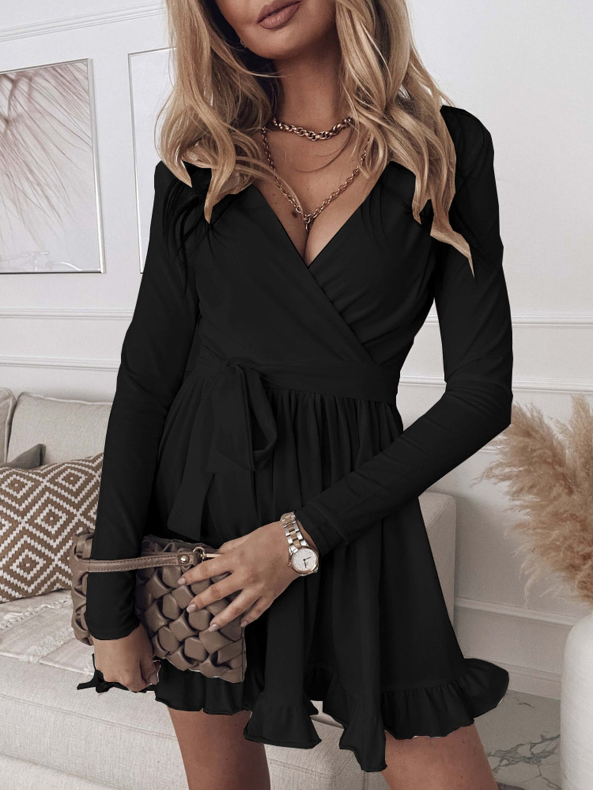 Wrap V-Neck Long Sleeve Ruffle Hem Mini Dress