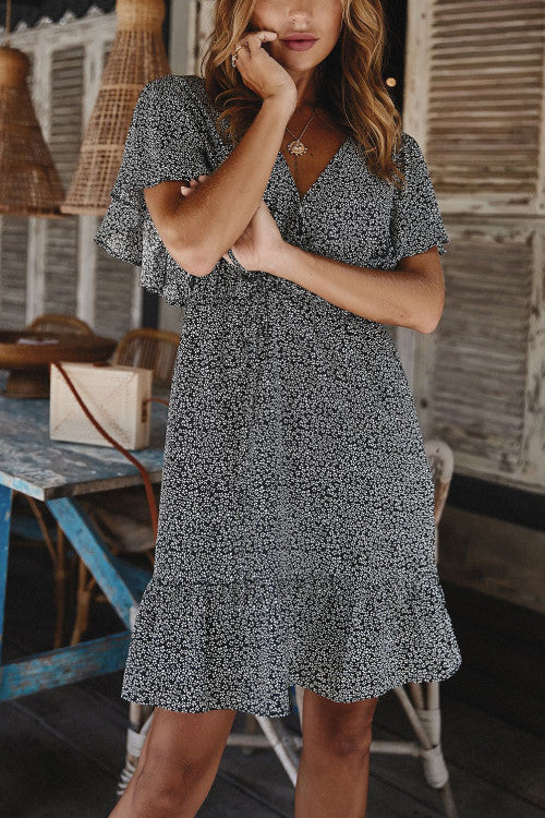 Ruffled Cinched Printed Short Dress - Mislish