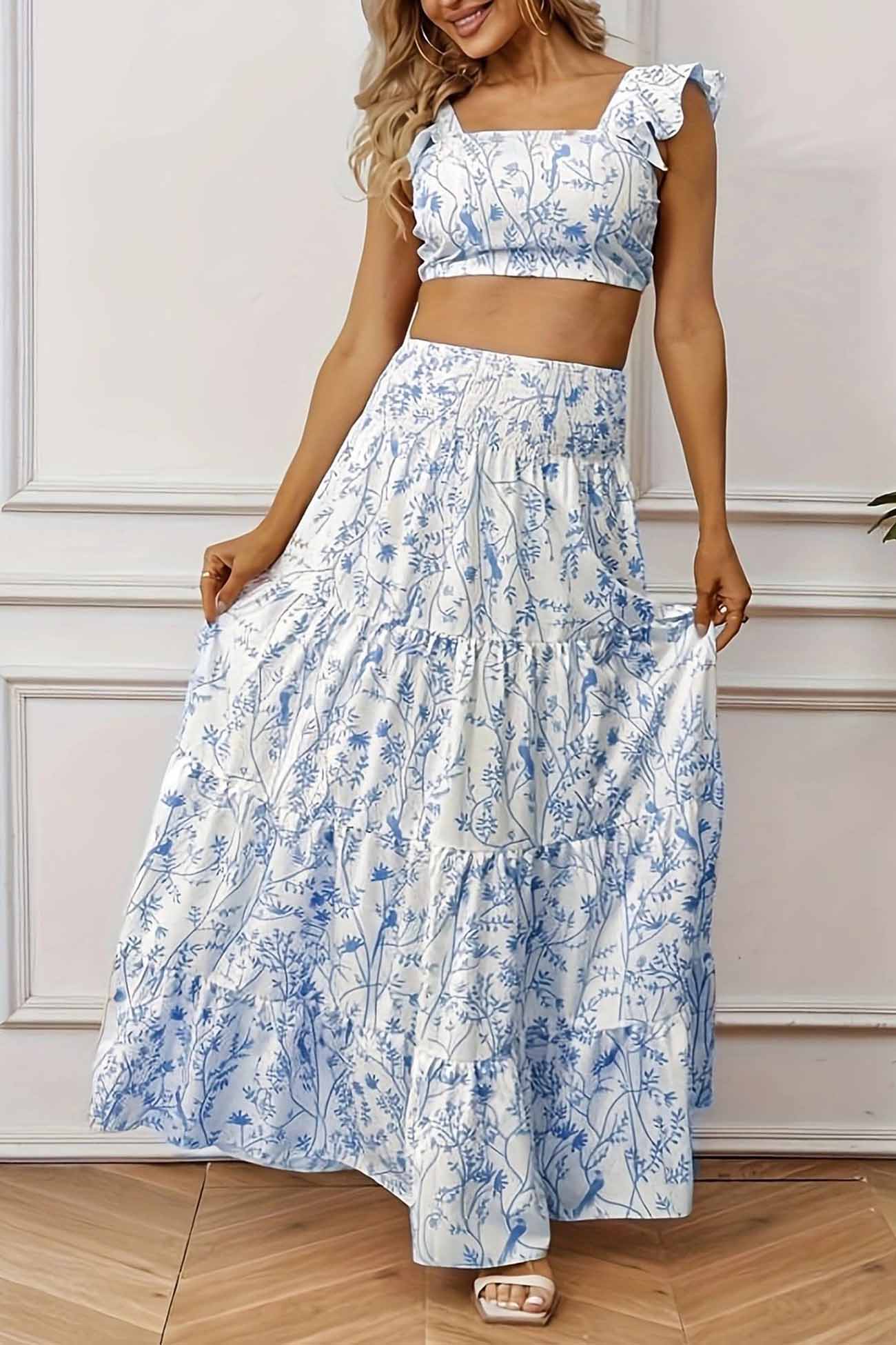 Ruffled Crop Top Floral Printed Tiered Skirt Set