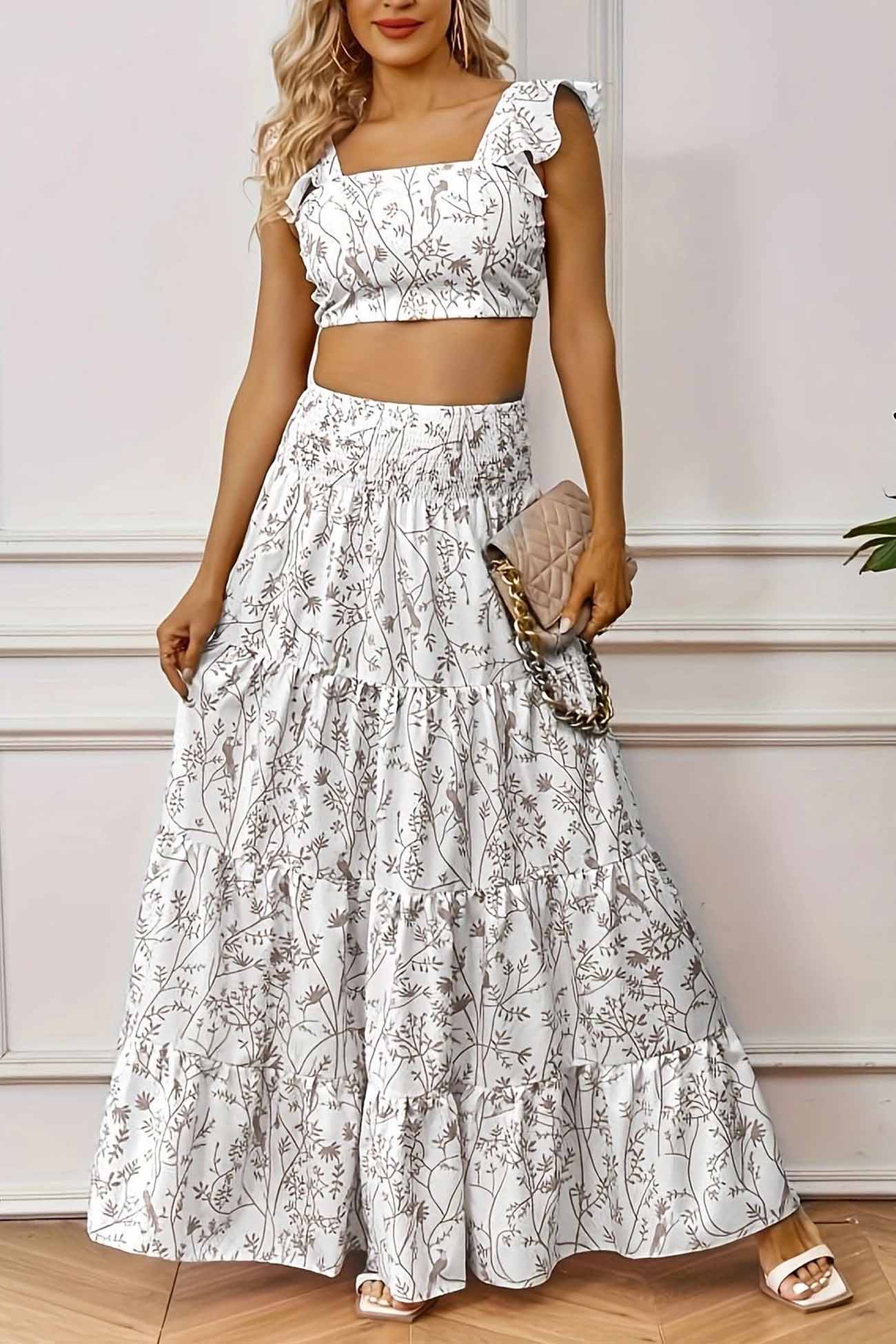 Ruffled Crop Top Floral Printed Tiered Skirt Set