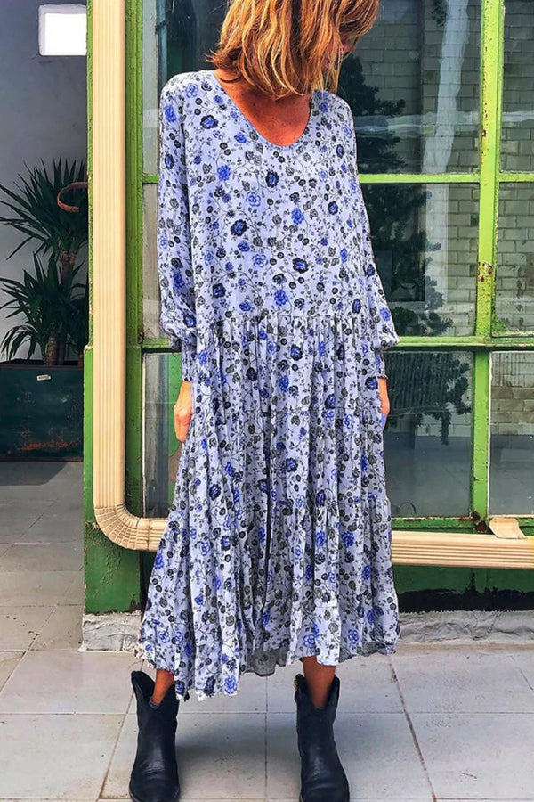 Ruffled Floral Scoop Long Swing Dress - Mislish