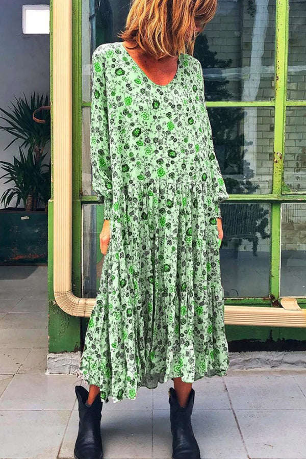 Ruffled Floral Scoop Long Swing Dress - Mislish