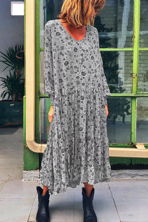 Ruffled Floral Scoop Long Swing Dress - Mislish