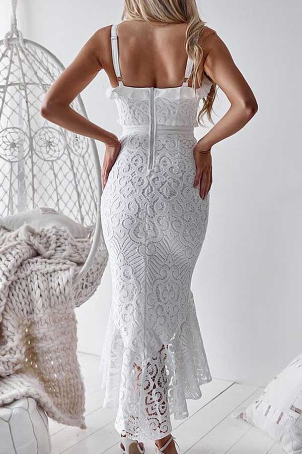 White Ruffled Sleeveless Mermaid Lace Midi Dress