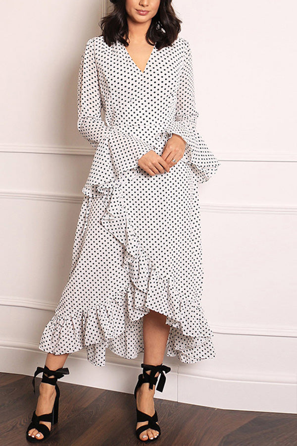 Ruffled Polka Dot V-neck Swing Dress - Mislish