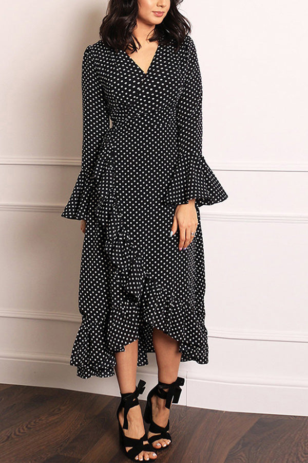 Ruffled Polka Dot V-neck Swing Dress - Mislish
