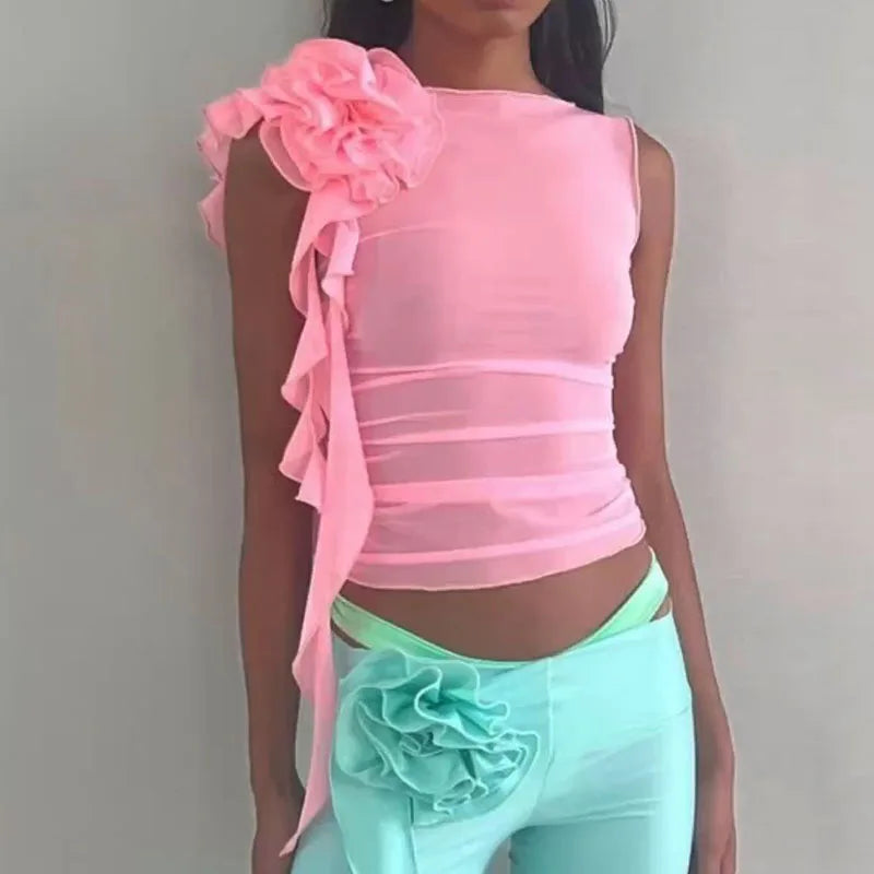 Ruffles Floral Mesh Sheer Chic Elegant See Through Slim Crop Top