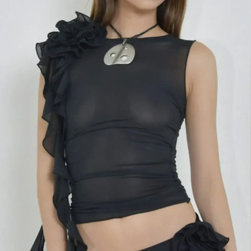 Ruffles Floral Mesh Sheer Chic Elegant See Through Slim Crop Top
