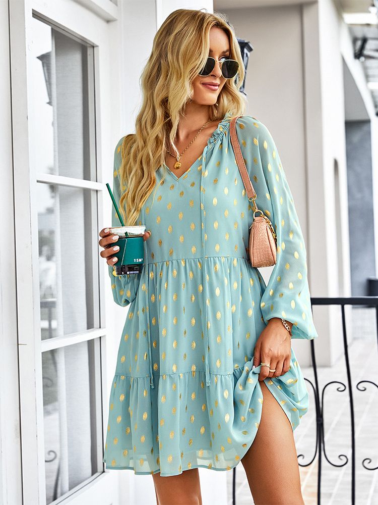 Foil Polka-Dot Tie-Neck Long-Sleeve Tiered Mini Dress 2