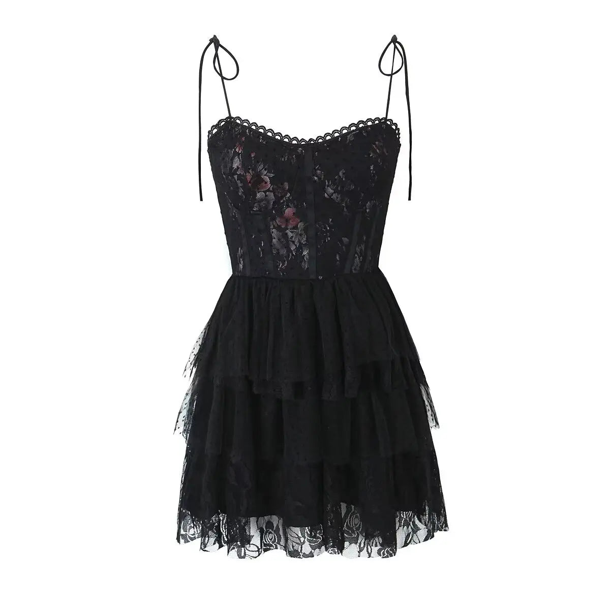 Mesh Bow Lacing up Black Mini Dress - View 7